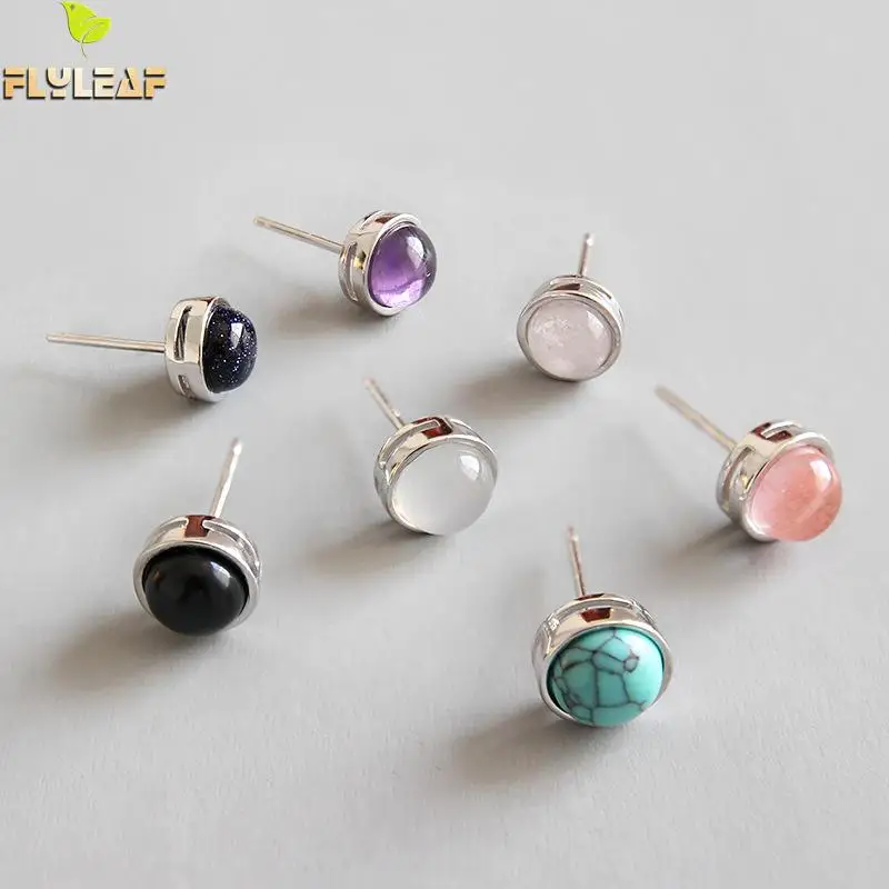 

Flyleaf 925 Sterling Silver Stud Earrings For Women Natural Agate Crystal Turquoise Blue Sandstone Fashion Fine Jewelry Party