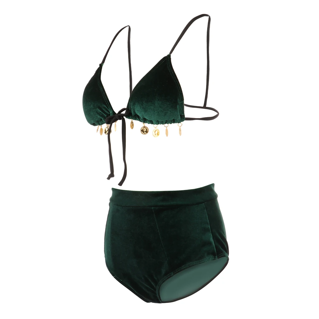 Velvet Two Piece Swimsuit Push up Bikini Set Green Bathing Suit Padded Summer Beachwear for Women Ladies