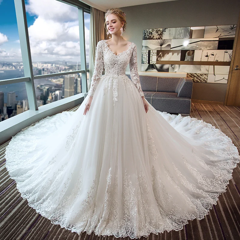 Свадебное платье 2019 Новинка Мори белый длинный рукав невесты основной пряжи
