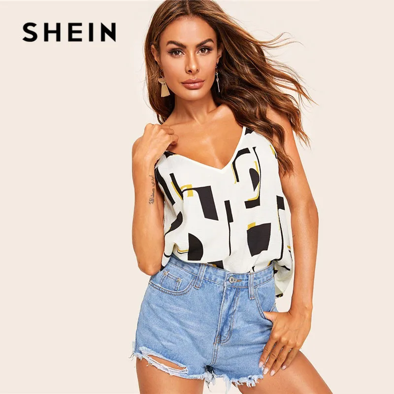 

SHEIN Lady Geometric Print Double V-Neck Cami Top Women Streetwear Casual Spaghetti Strap Sleeveless Summer Top Womens Clothing