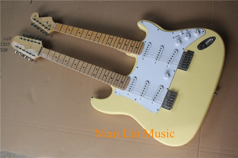 

12-Sting and 6-String 2-Neck Electric Guitar,White Pickgaurd and Cream Yellow Color,Maple Fingerboard and Neck,can be Customized