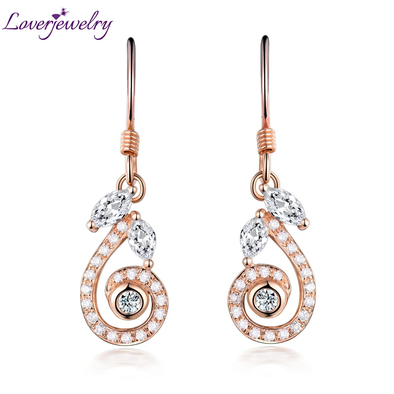 

LOVERJEWELRY Drop Earrings Round Marquise Diamond Wedding Jewelry Solid 18K Rose Gold for Women Anniversary Dangle Earrings
