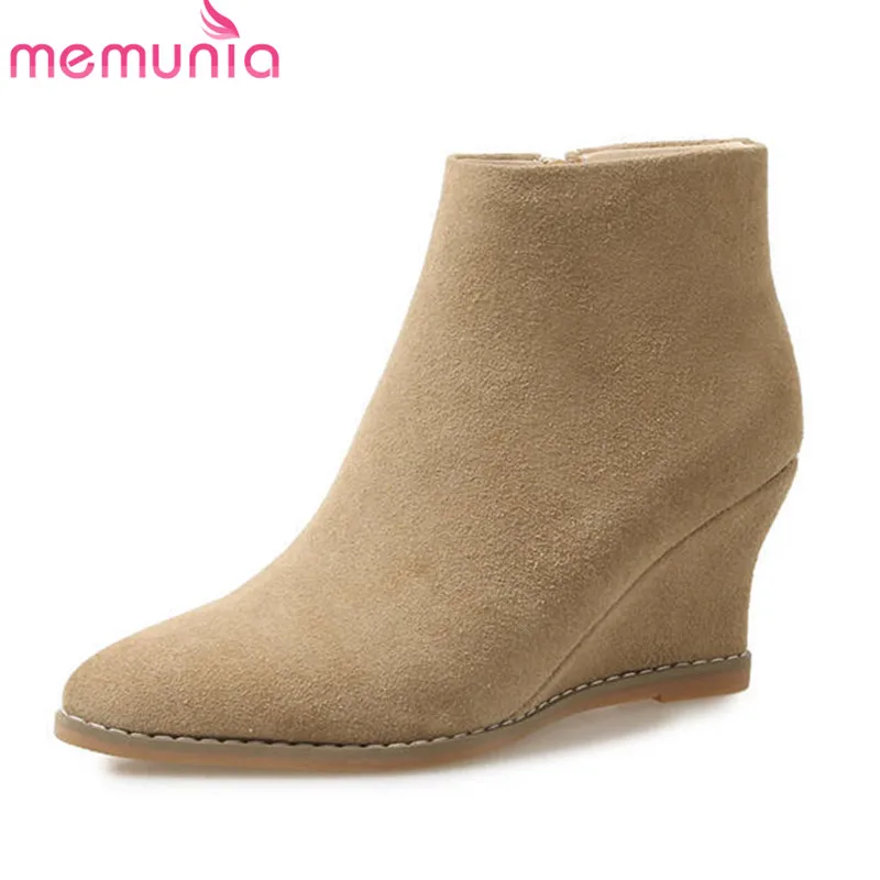 

MEMUNIA 2020 cow suede leather ankle boots for women pointed toe autumn wedges shoes solid colors zipper fashion ladies boots