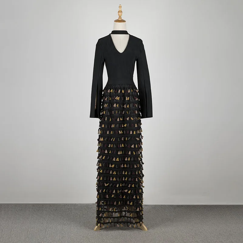 Nieuwste Zwarte Vrouwen Jurk 2018 Chic Winter Lange Mouwen Tassel Maxi Celebrity Vestidos Avond Jurken Halter Bandage Jurk Nieuwste Zwarte Vrouwen Jurk 2018 Chic Winter Lange Mouwen Tassel Maxi Celebrity Vestidos Avond Jurken Halter Bandage Jurk
