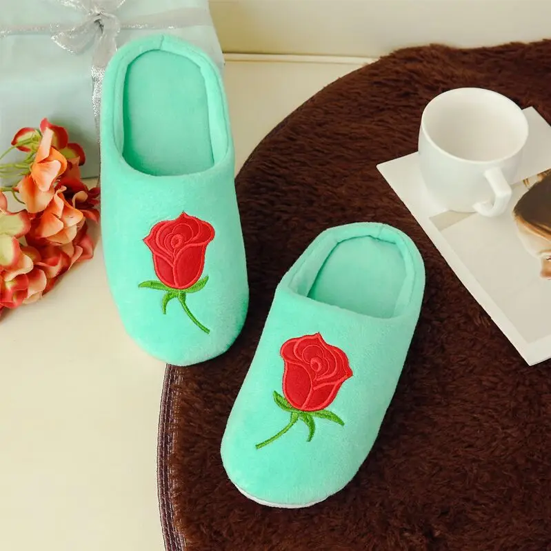 

Women Slippers Indoor Floor Shoes Embroidery Rose Flower Soft Bottom Half Pack Cozy Soft Stuffed Home Shoes Cotton Pantufas