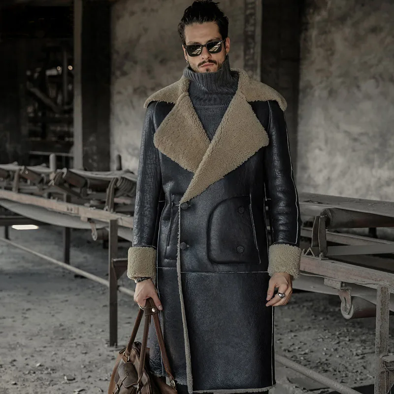 

New Long Style Men aggressive Noble Sheepskin Coat Winter Outerwear Shearling Genuine Leather Jacket Fur Coats 717