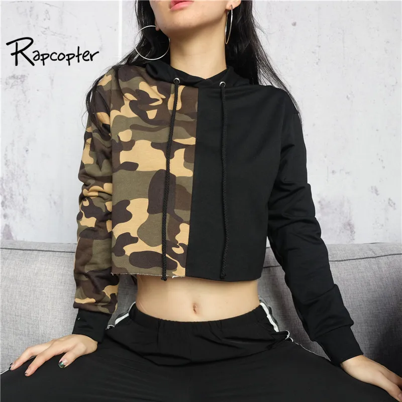 

Rapcopter Women Fashion Hooded Sweatshirt 2018 Autumn Streetwear Cropped Hoodies Patchwork Camouflage Black Pullovers Tops
