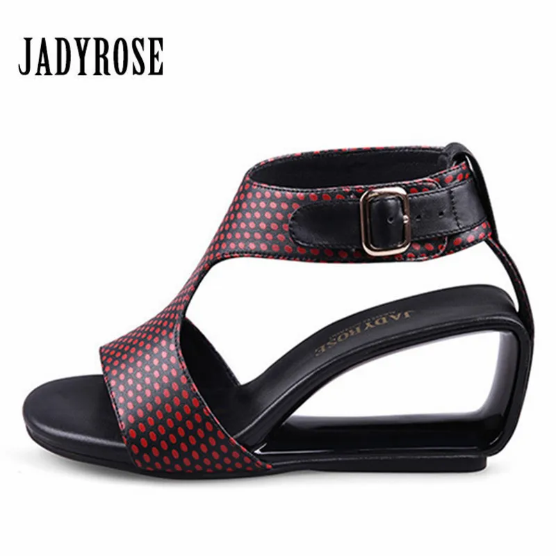 

Jady Rose Red Summer Fretwork Wedge Sandals High Heel Open Toe Party Beach Shoes Woman Pumps Buckle Gladiator Leather Slippers