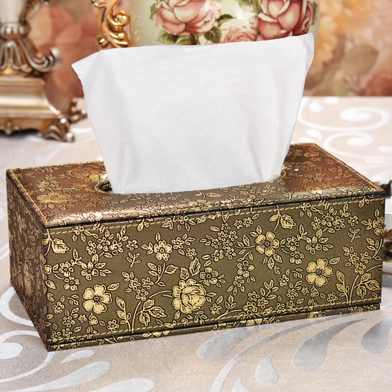 Vintage Bronze Leather Rectangular Tissue Storage boxes cover Napkin