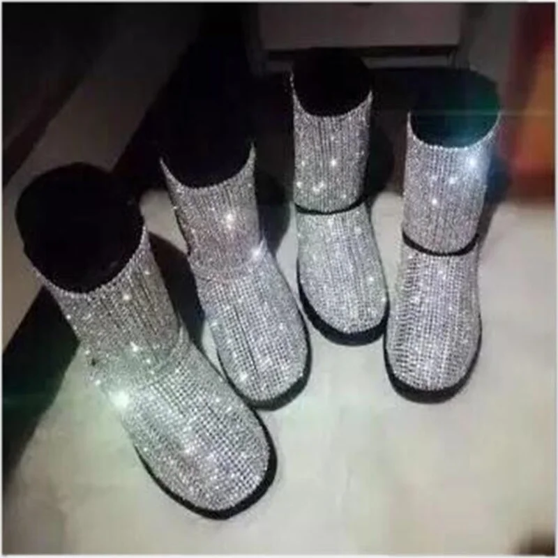 Зимние короткие ботинки Bling черные кожаные зимние Rhinestone без шнуровки на