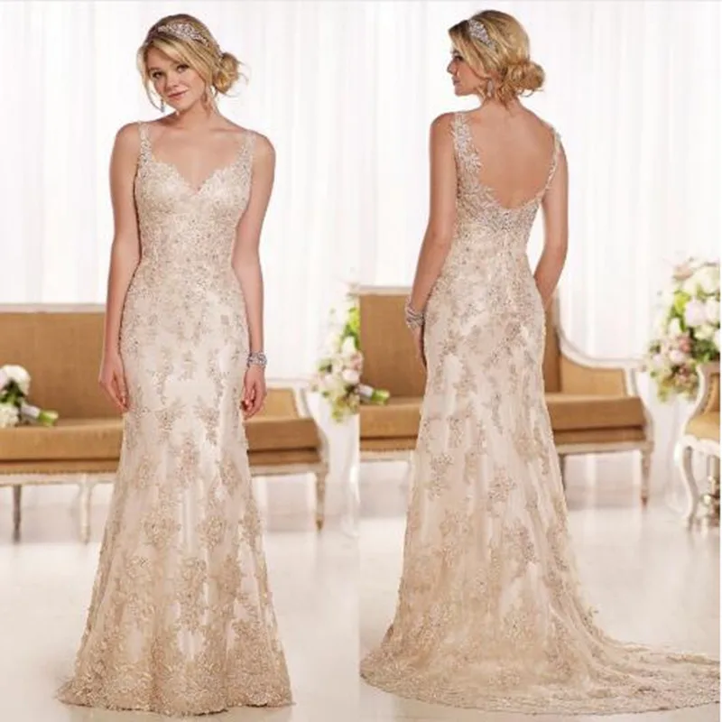 Wedding Dress 2017 Bridal Charming V Neck Crystals Lace Bridal Gowns Trumpet Style Low Back Champagne Romantic Dresses