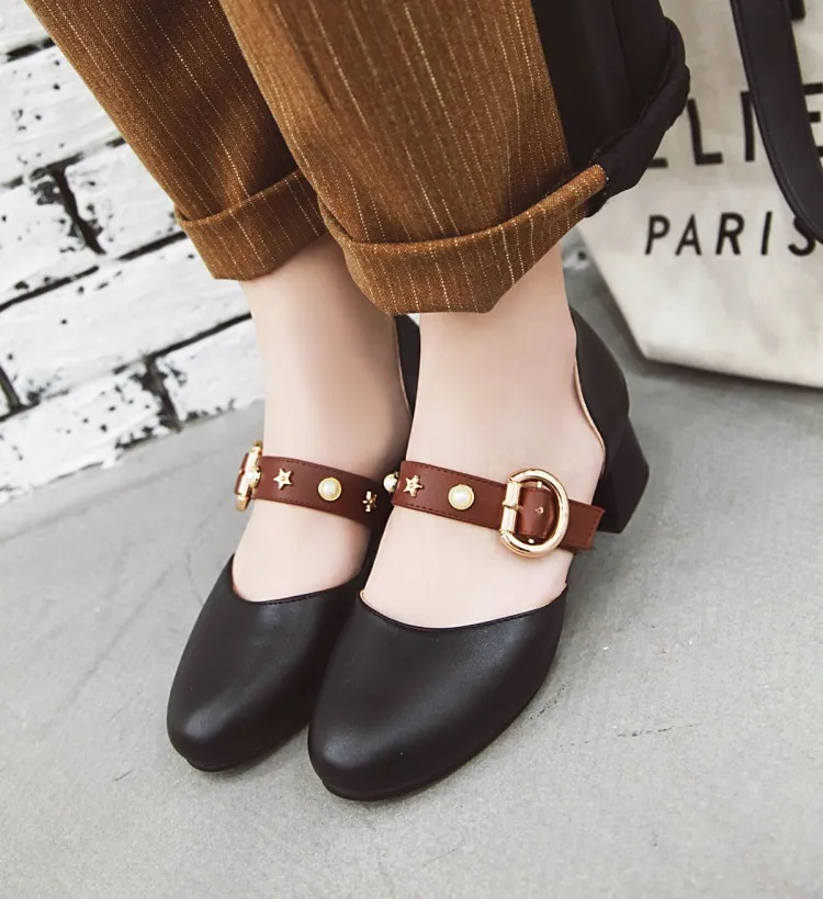 

Big Size 11 12 ladies high heels women shoes woman pumps Round-headed single-shoe with one-button thick heel