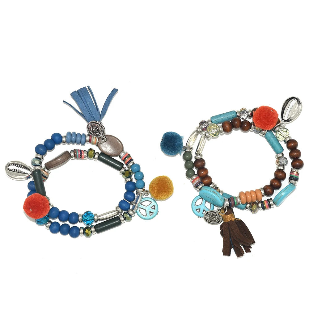 Handmade Bohemia Jewelry Friendship Bracelets Leather Tassel Charm Bracelets Pompons Pompoms Ball Colorful Beads Bracelets