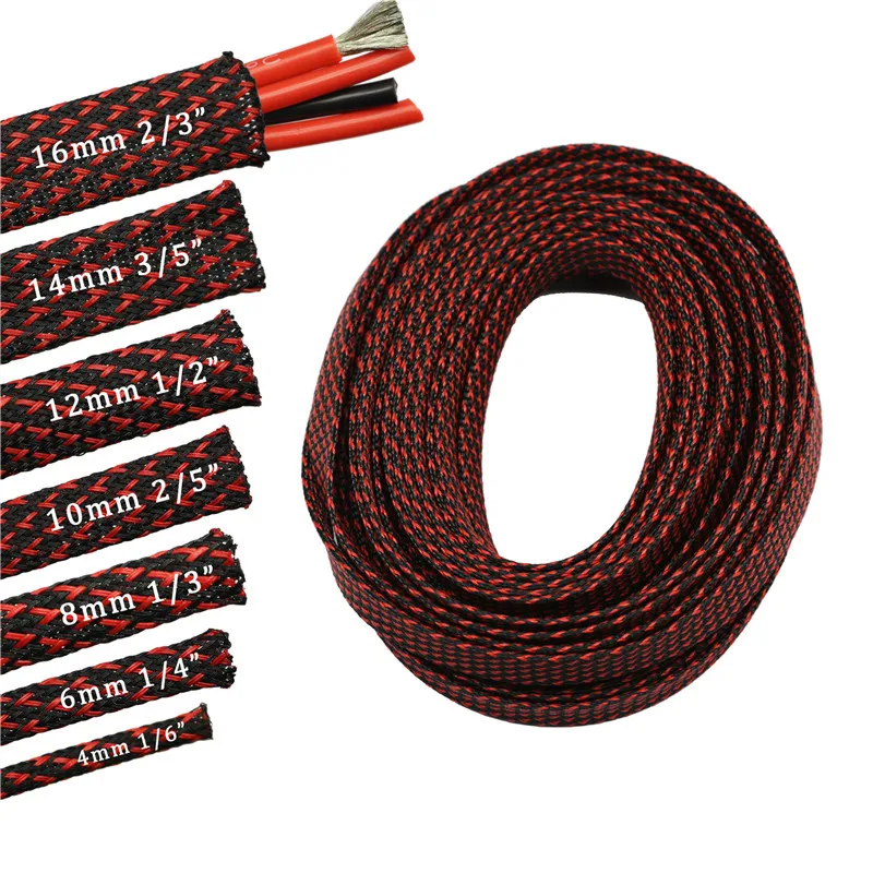 

33ft-10m Black Red 4 6 8 10 12 14 16mmBraided PET Expandable Sleeving High Density Plaited Cable Sleeves Fabric Cable DIY