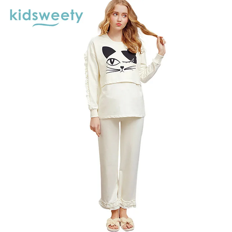 

Kidsweety Maternity Sleepwear Beige Cotton Falbala Tops Bottom Homewear Lactation Cartoon Patchwork Pleated Maternity Sleepwear