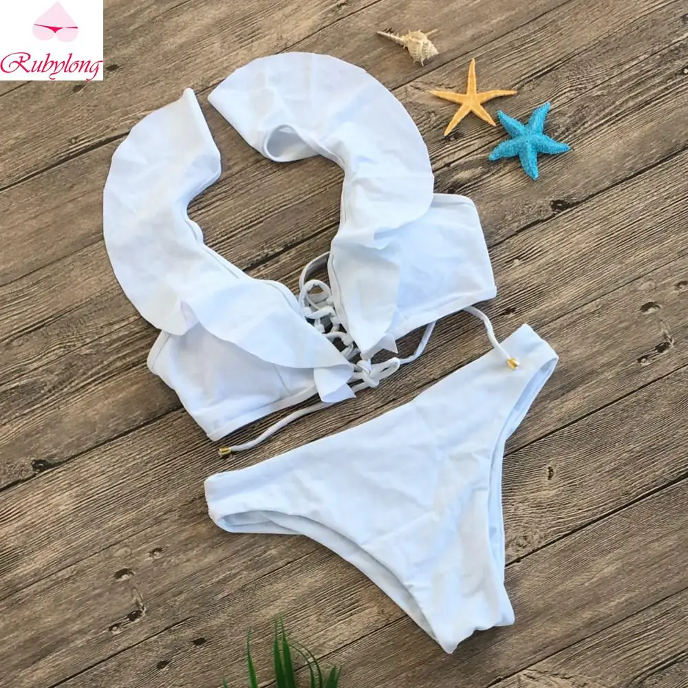 

Rubylong 2019 Ruffles Swimsuit Women Sexy Push Up Bikini Female Strap Swimwear Vintage Bikini Set Solid Bathing Suit Beach Wear