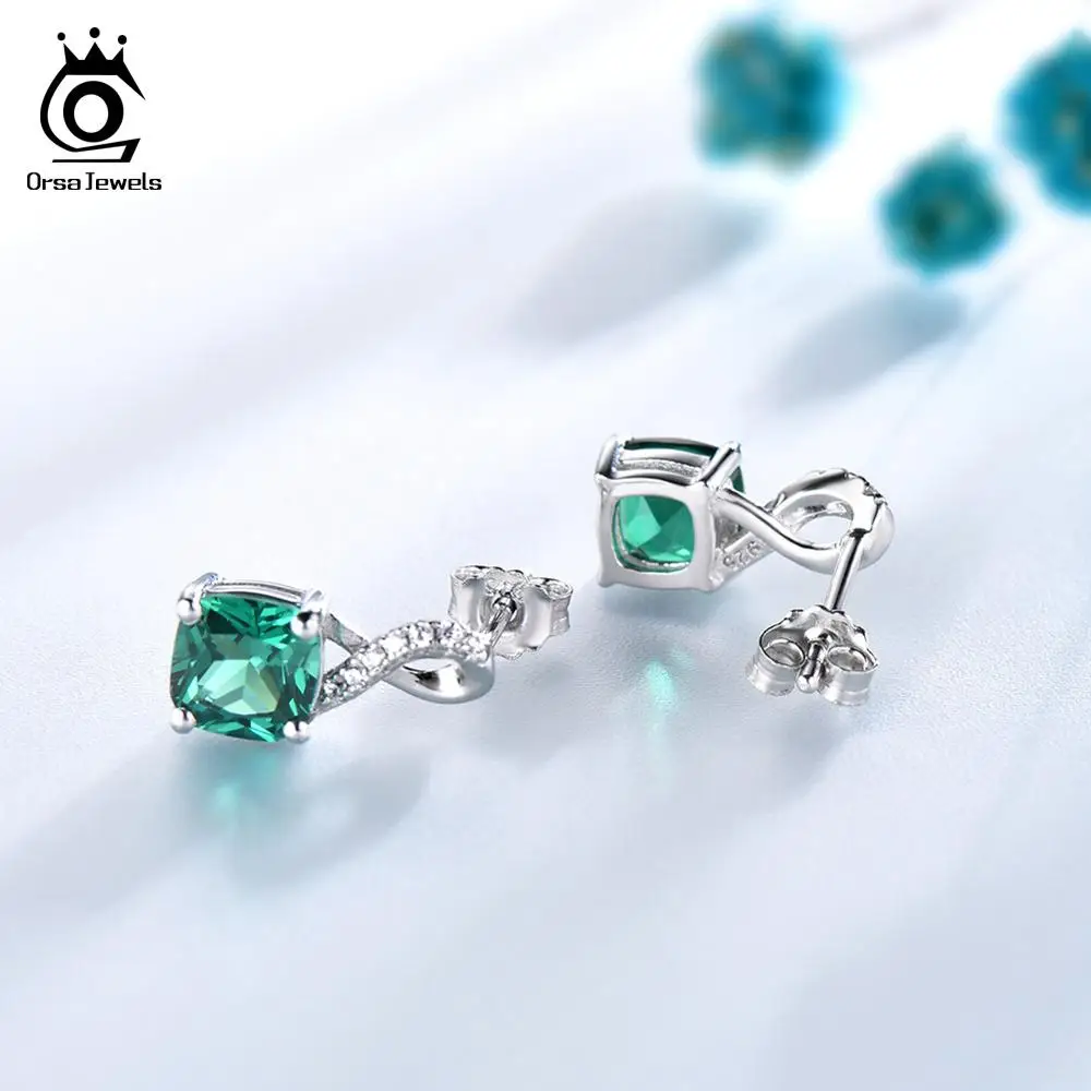 ORSA JEWELS S925 Модные 8-образные и прямоугольные серьги гвоздики зеленый большой изумруд женские стильные серьги простые ювелирные изделия VSE15