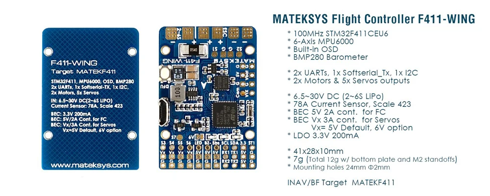 Matek Systems F411-WING(New) STM32F411 Flight Controller Built-in OSD for RC Airplane Spare Part Replacement Accessories