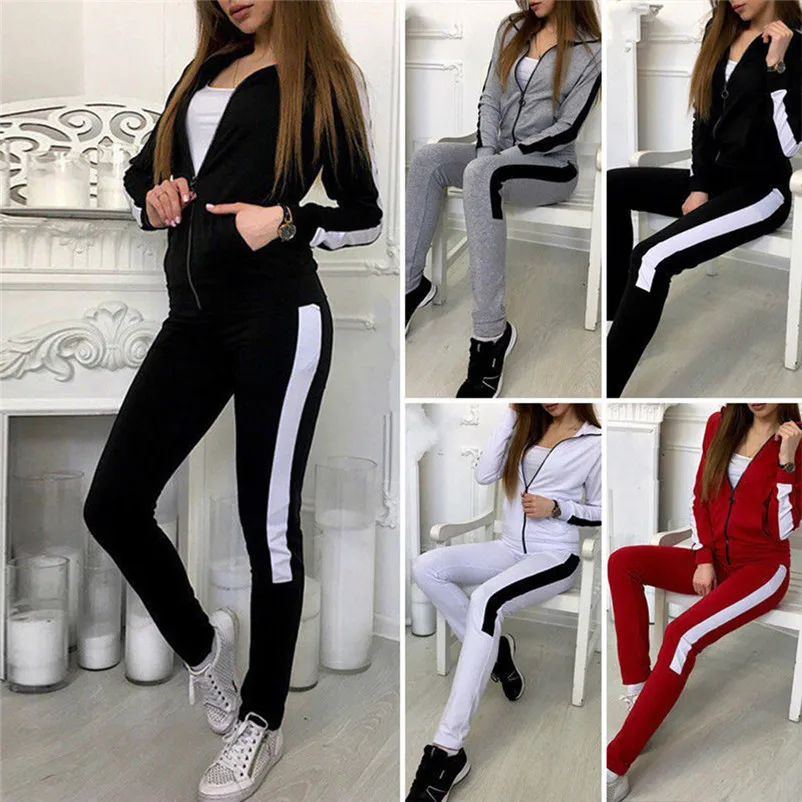 Fashion tracksuit for women 2018 women's Casual Stripe Long Sleeve Zipper Pullove Sport Tops+Long Pants Set chandal mujer N30 (7)