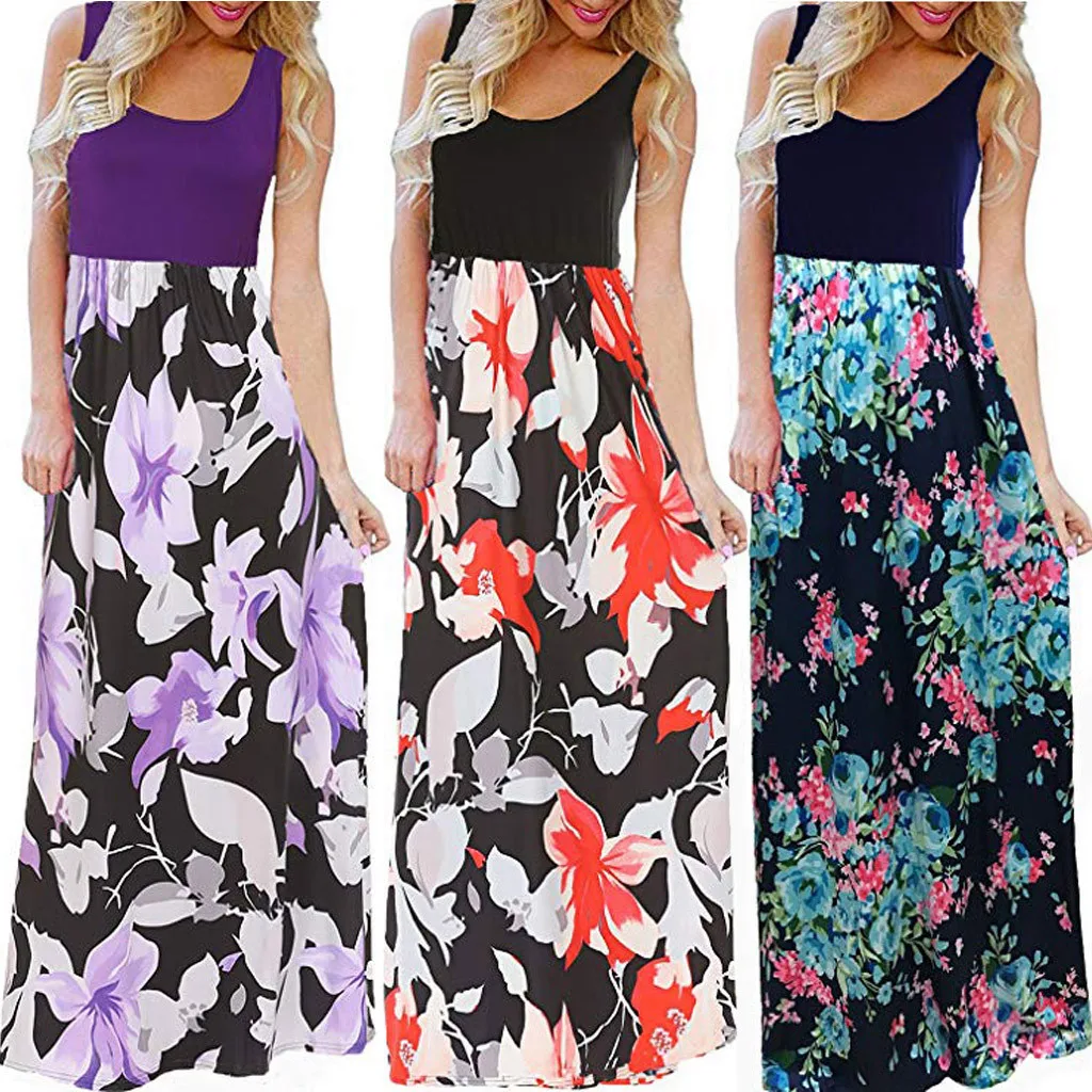 

feitong 2019 summer dresses sexy Bohemia Women's Summer Boho Sleeveless Floral Print Tank Sundrss Beach Long Maxi Dress vestidos