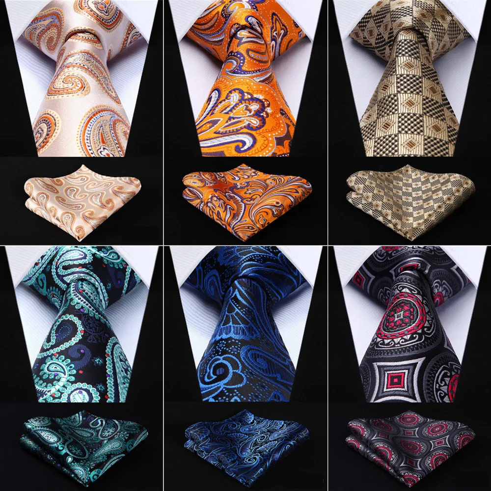 

Men Tie Pocket Square Classic Party Wedding Paisley 3.4" Silk Fashion Mens Extra Long Tie XL Necktie Handkerchief Set #C0