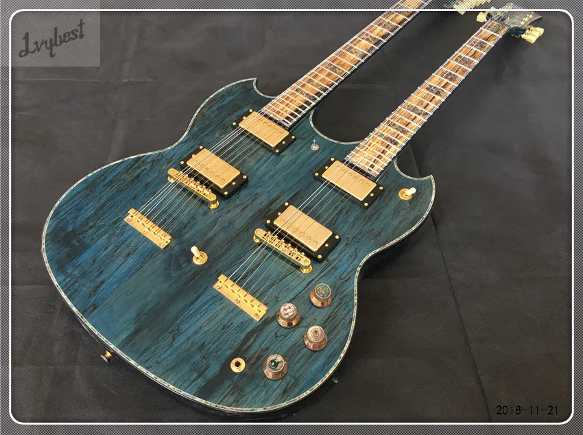 

Wholesale lvybest Factory Custom double necks SG guitar with spalted flame top,with abalone binding and inlay with flame neck!