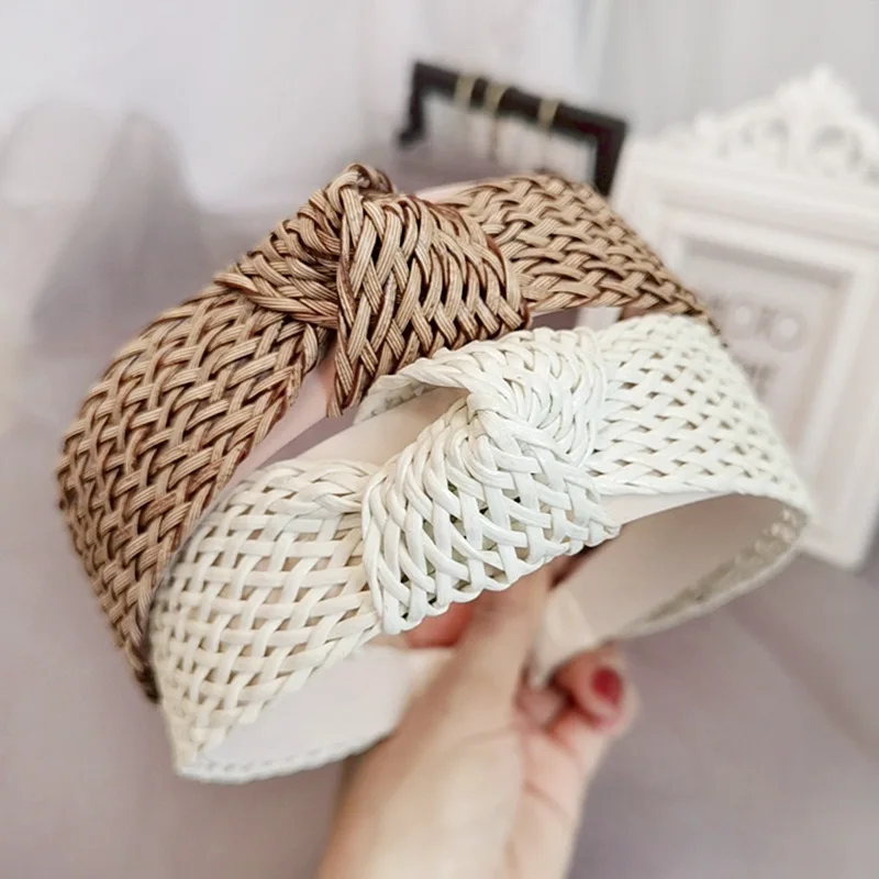 

1PC Vintage Handmade Braided Top Knotted Hairbands Headbands Solid Color Straw Rattan Hair Bands Vacation Beach Hair Accessories