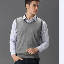 Высокое качество Мужские шерстяной свитер, жилет Причинно офис человек v-образным вырезом вязаный жилет сплошной цвет без рукавов свитер пуловеры