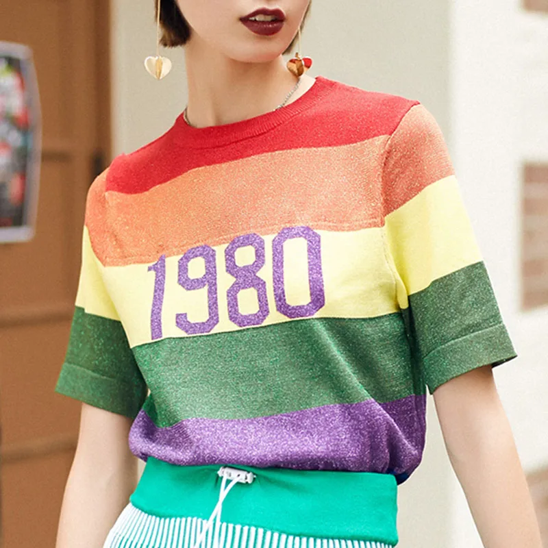

2019 Summer Harajuku Rainbow Striped Knitted Tunic T-Shirts Women Tops tshirts Female Korean Style Streetwear T Shirt Clothes