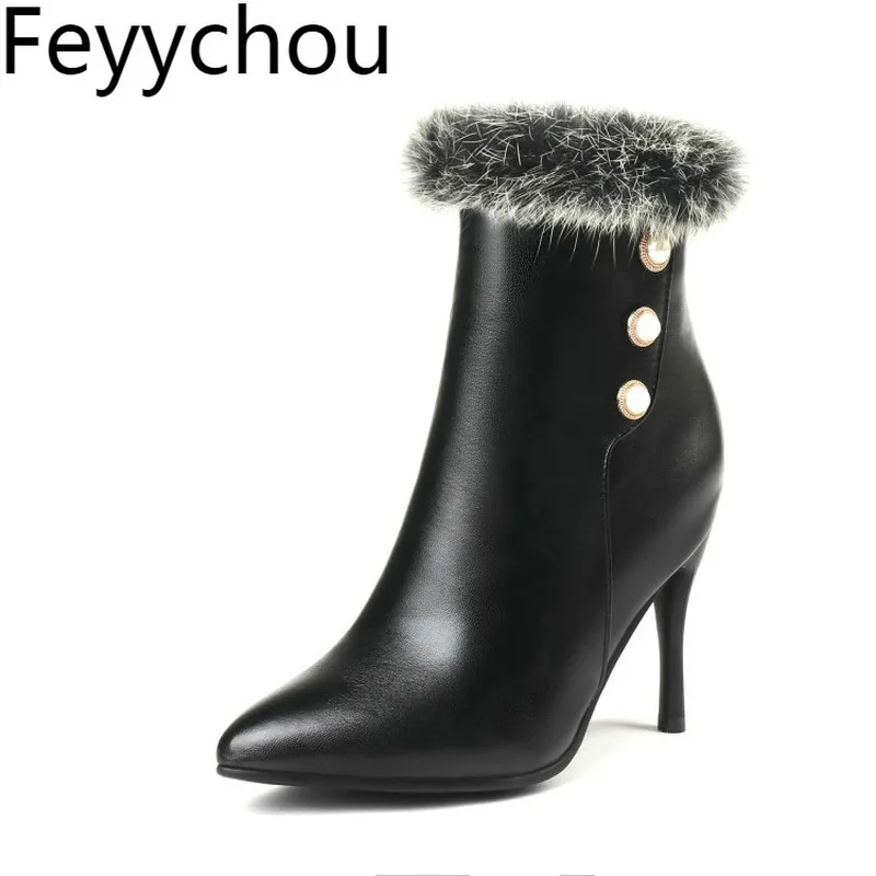 

Women Boots Autumn Winter Super High Heel Warm Pu Ankle Fur Pointed Toe Zip Basic 2018 New Sexy Fashion Black White Size 34-43
