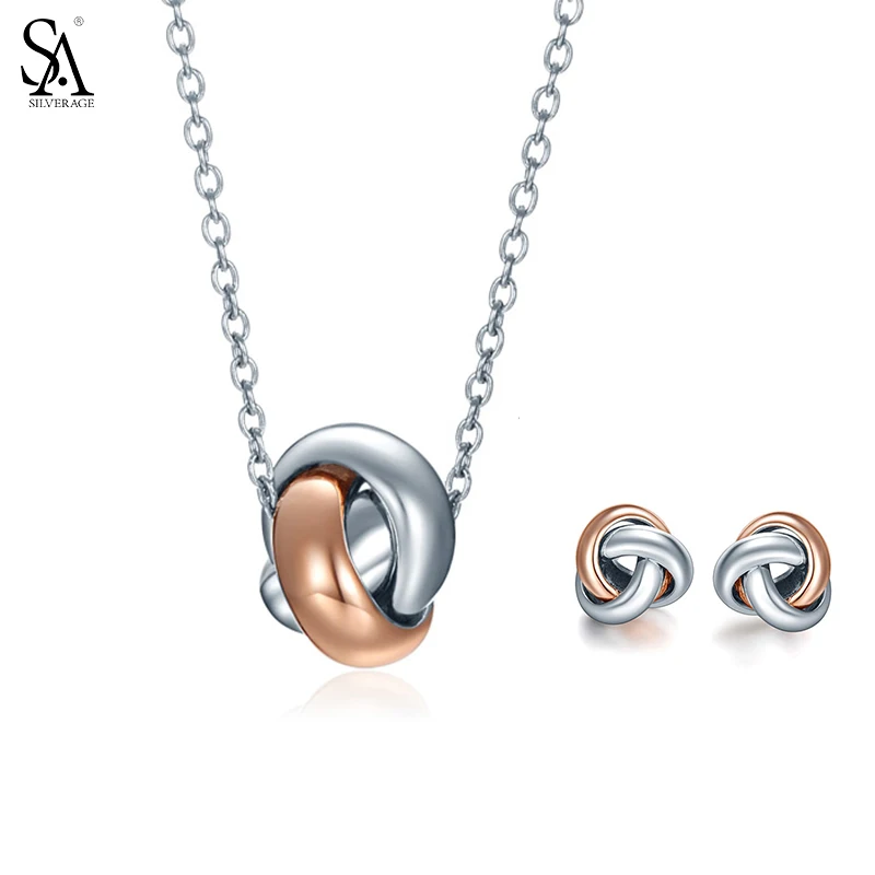 

SA SILVERAGE Trendy 925 Sterling Silver Jewelry Sets Necklaces Pendants & Stud Earrings Fine Jewelry Rose Gold Love Valentine's