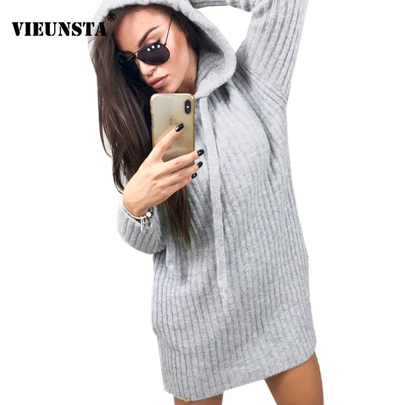 

VIEUNSTA Winter Dress Women Hooded Ribbed Sweater Dress Autumn Long Sleeve Stretchy Knitted Sweatshirt Dresses Female Vestidos