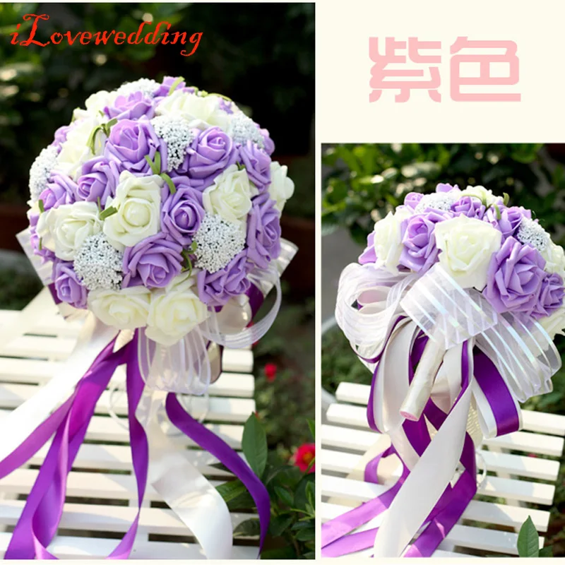 1539 12 De Réductionnouveauté Fleur De Rose Pourprerosebleu Femmes Bouquets De Mariée De Mariage Avec Ruban Fleur Artificielle Bouquet De Rose