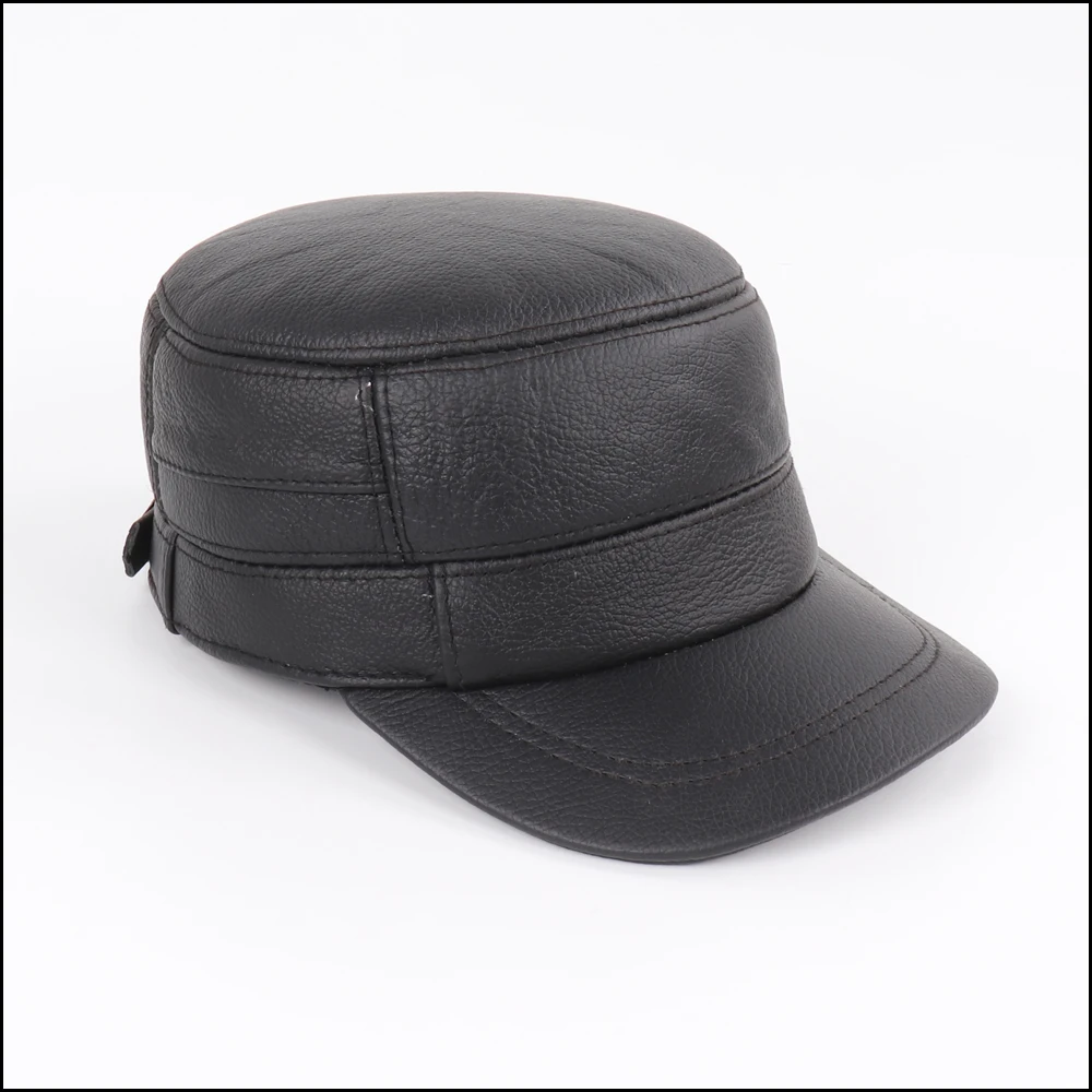 New Outdoor Men Real Sheepskin Leather Flat Caps Man Warm Real Natural Sheep Leather Military Hats Fall Winter Real Leather Hat