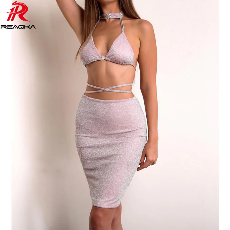

Reaqka 2018 Women Summer Sexy Party Dresses Halter V Neck With Diamonds 2 Pieces Backless Package Hip Pink Gold Dress Club Wear
