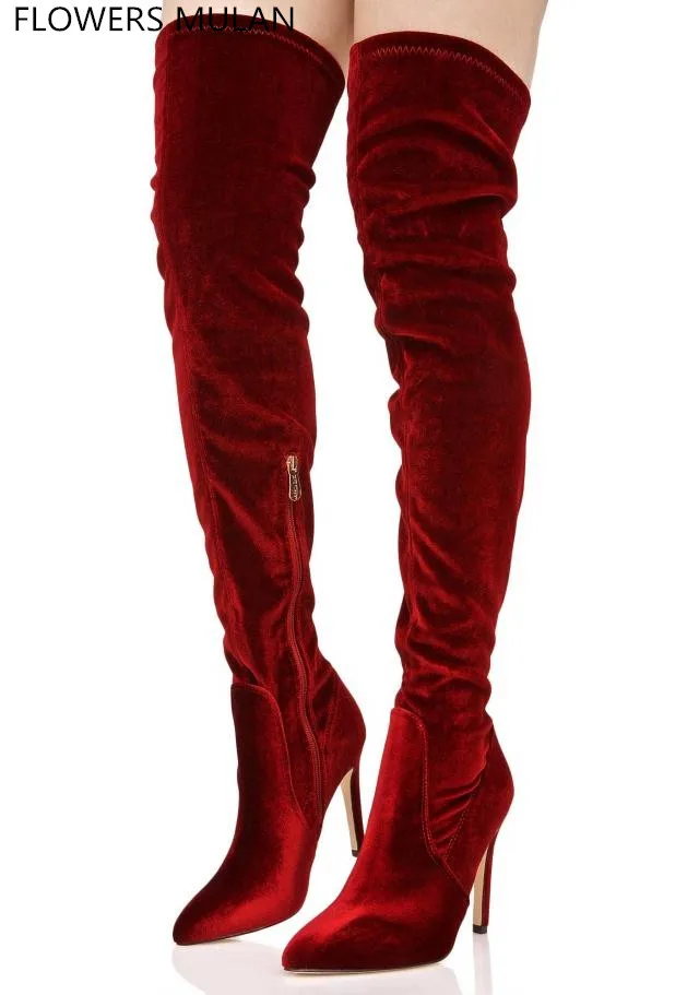 

New 2018 Spring Wine Red Pink Velvet Upper Women Long Boots Over the Knee Sexy Pointed Toe HIgh Thin Heel Boots Shoes Lady