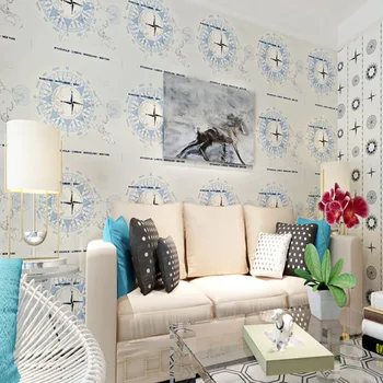 

Free Shipping Green Wallpaper British Bedroom Living Room Mediterranean Navigation Compass Spotted Blue Pure Paper wallpaper