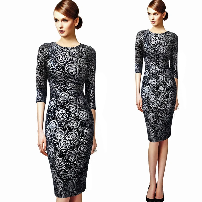 

Women Sexy Elegant Vintage Retro Floral Rose Flower Print One Piece Dress Suit Pinup Casual Party Club Evening Work Office Dress