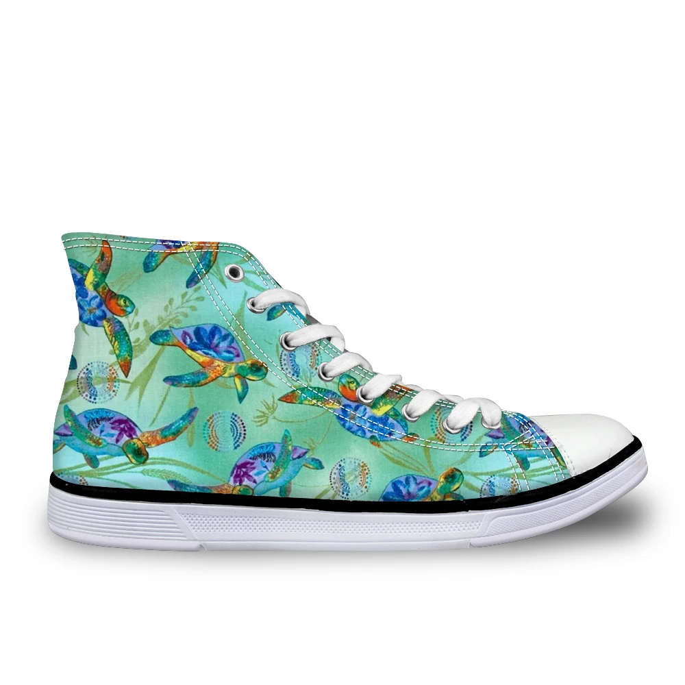 

Customized Cute Sea Animal Turtle Print High Top Women Canvas Shoes Lace-up Flats Vulcanized Shoes for Lady Casual