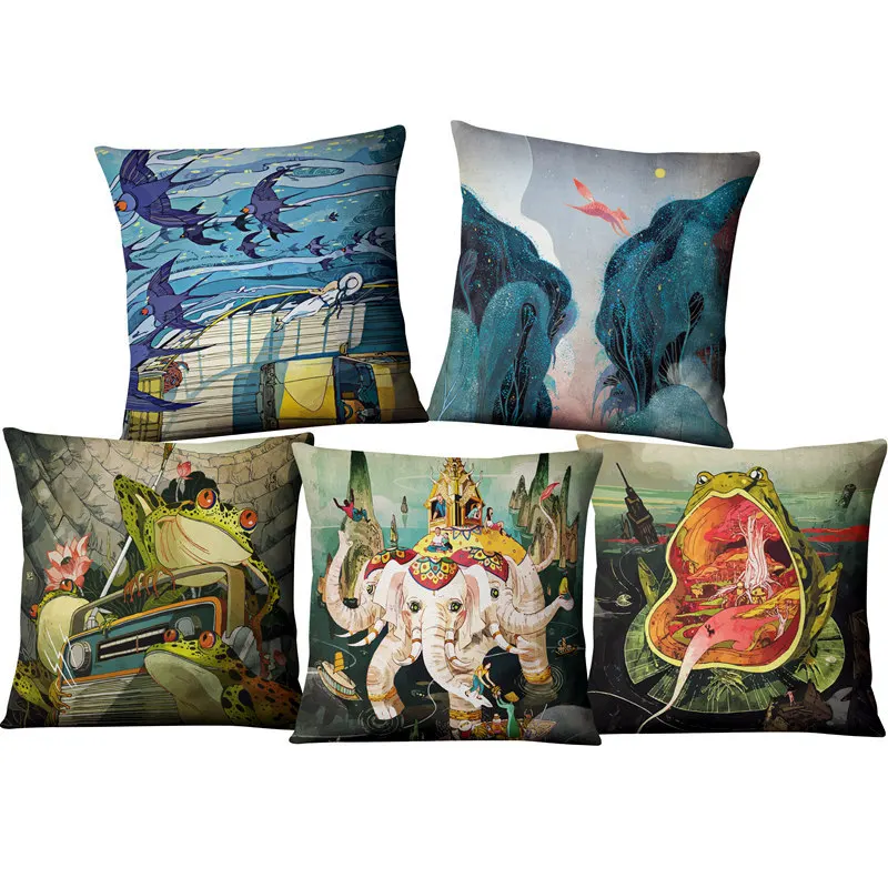 

Artistic Illustrations Green Blue Throw Pillows Case Elephant Frog Fox Decorative Linen Sofa Cushions Cover Car Room Home Decor