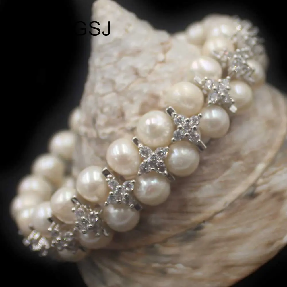 Free Shipping 7-8mm Nearly Round Freshwater Pearl Handmade Girl 2-Strand Stretch Adjustable Bracelet 7&quot | Украшения и
