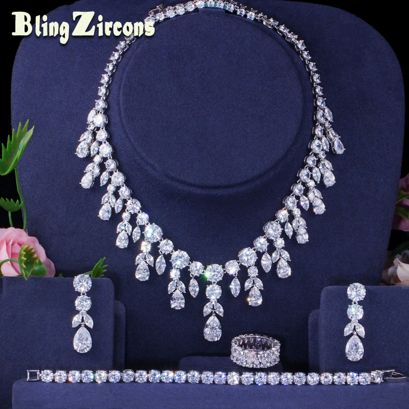 

BeaQueen AAA Cubic Zircon Women Heavy Necklace Earrings Bracelet Ring 4pcs Dubai Full Bridal Wedding Jewelry Sets JS183