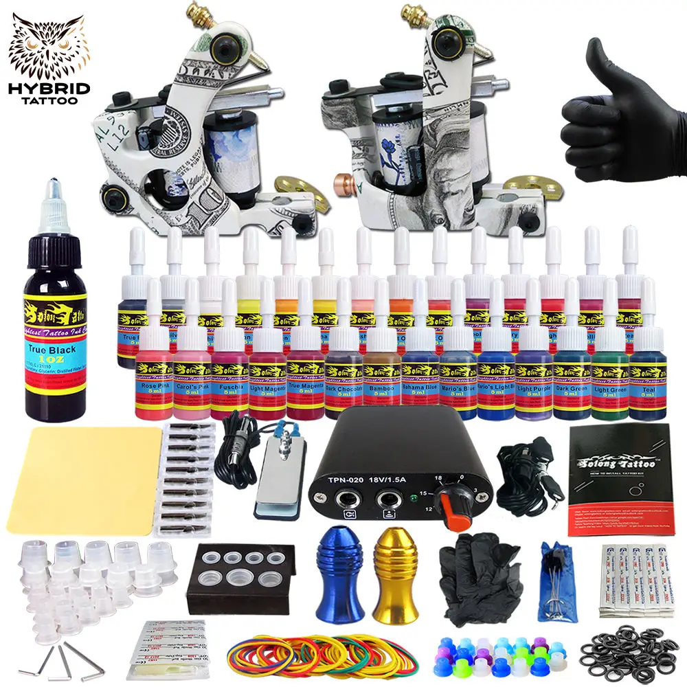 

Hybrid Complete Kit For Tattoo Liner and Shader Beginner Power Supply Foot Pedal Grips Needles Ink Set Tattoo Body&Art TK204-17