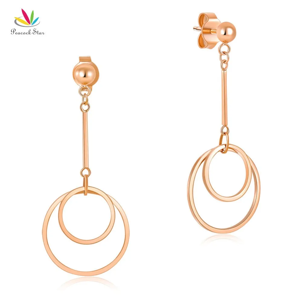 

Real Solid 18K Rose Gold Long Line Earrings Drop Dangle Double Circle Simple Elegant
