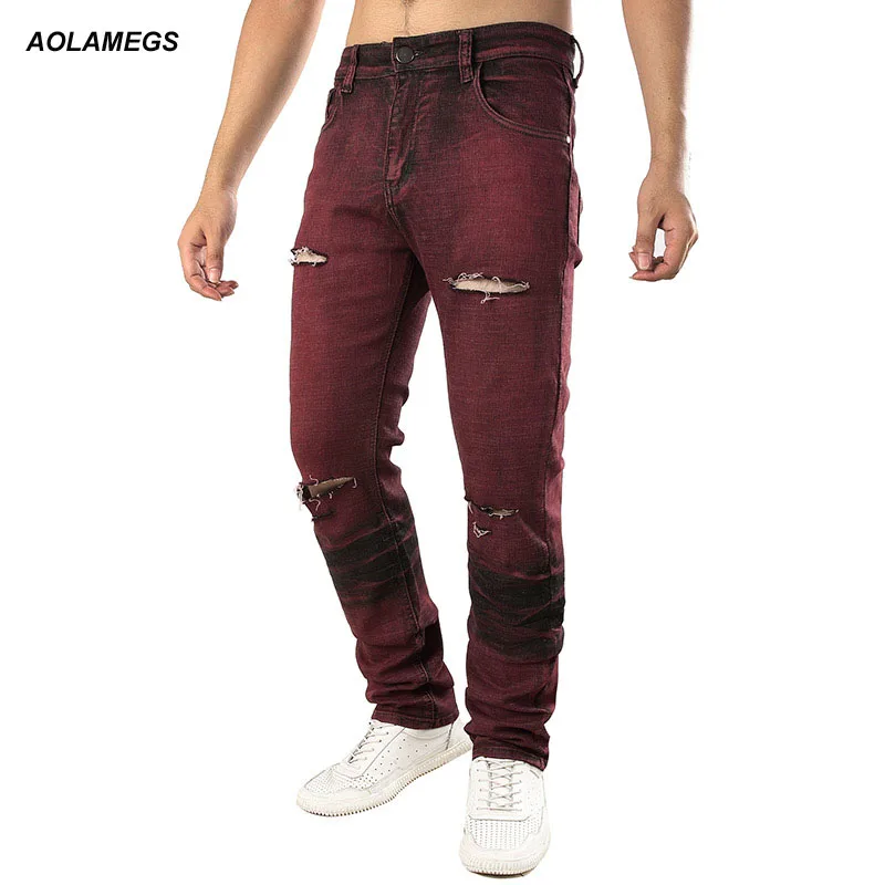 

Aolamegs Men Tight Hole Jeans Brown Red Vintage Pants Plus Size Men Jogger Pants Casual Fashion Sweatpants Leisure 2019 Trousers
