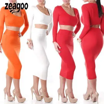 

New Ladies Candy Color High Waisted Women's two-piece dress Cropped Outfit Two Round neck Piece Bodycon Dress