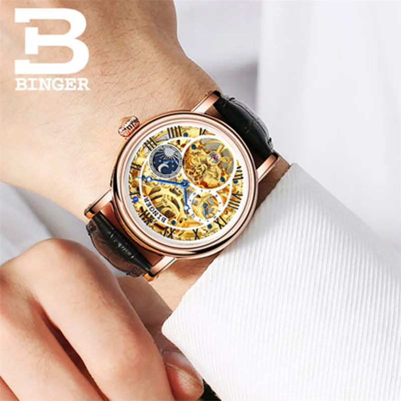 Швейцарские BINGER Skeleton Tourbillon модные повседневные дизайнерские Механические мужские s часы Лидирующий бренд Роскошные автоматические часы для мужчин