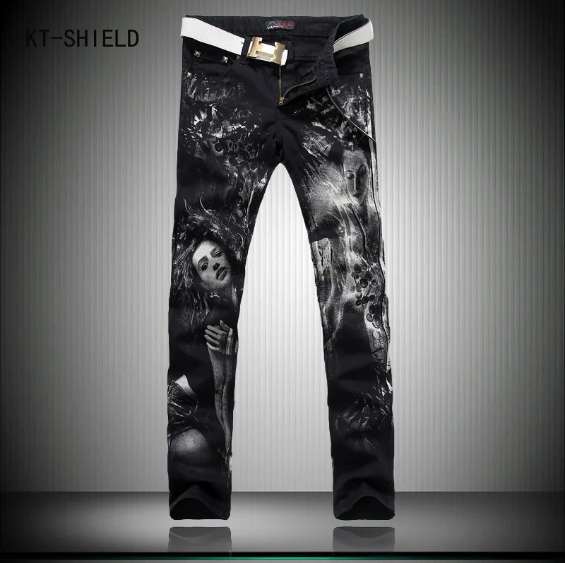 England style slim fit printed biker jeans men brand pattern black fashion skinny jeans men denim