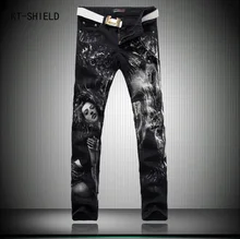 England style slim fit printed biker jeans men brand pattern black fashion skinny jeans men denim