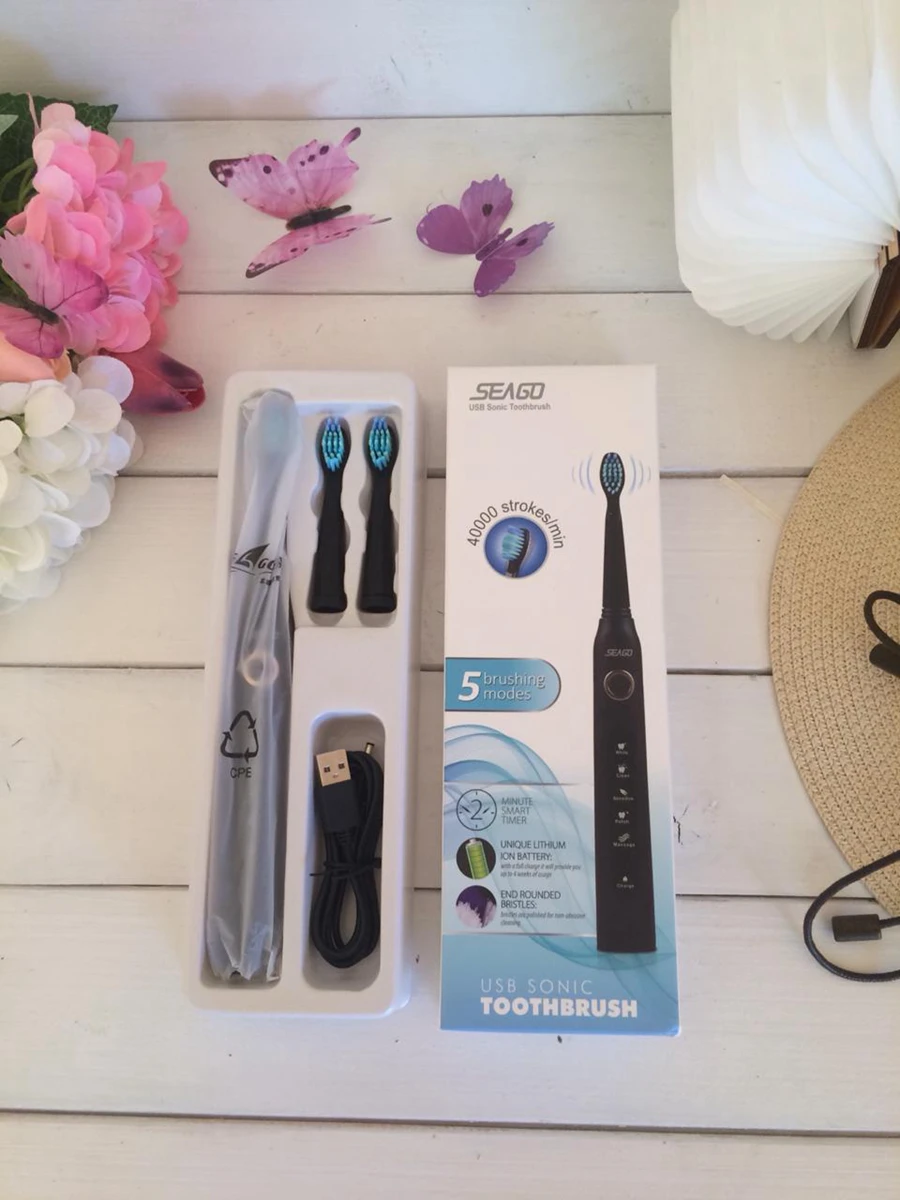 Escova de Dentes Titular com 3pcs Seago Sonic Amigável Elétrica Recarregável Cabeças Dupont Cerda Macia Eco 12 3pcs cabeças escova de dentes dupont cerda macia
